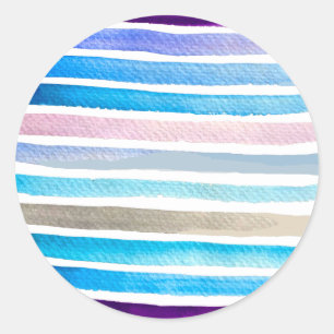 Blue watercolor stripes hand painted classic round sticker