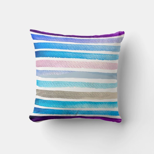 Blue watercolor stripes hand painted cushion (Front)