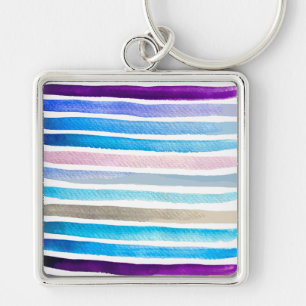 Blue watercolor stripes hand painted key ring