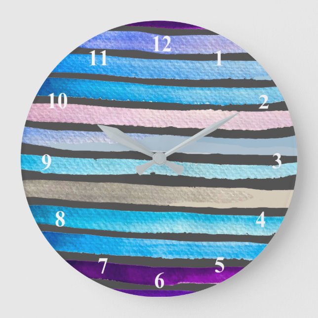 Blue watercolor stripes hand painted large clock (Front)
