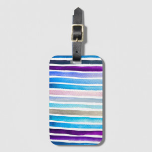 Blue watercolor stripes hand painted luggage tag