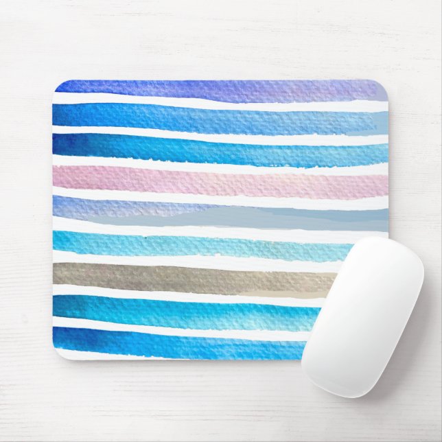 Blue watercolor stripes hand painted mouse mat (With Mouse)