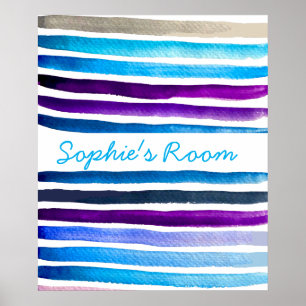 Blue watercolor stripes hand painted poster