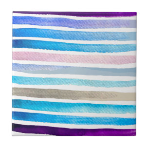 Blue watercolor stripes hand painted tile