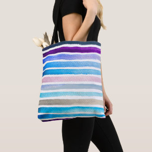 Blue watercolor stripes hand painted tote bag