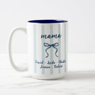 Blue Watercolor Stripes Mama & Kids Names Custom Two-Tone Coffee Mug