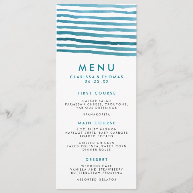Blue Watercolor Stripes Menu Card (Front)