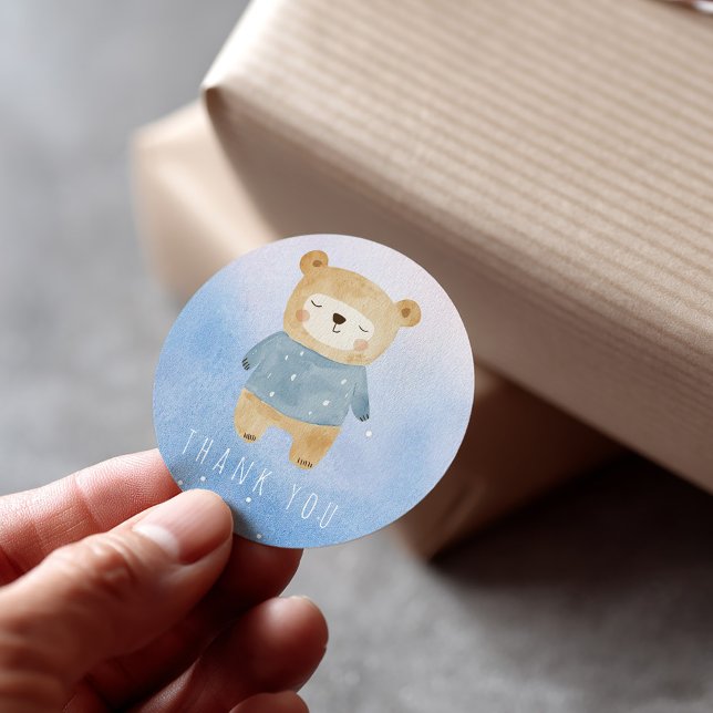 Blue Watercolor style cute dreamy Bear Thank You Classic Round Sticker (Pink and blue boy sleepy bear thank you sticker)