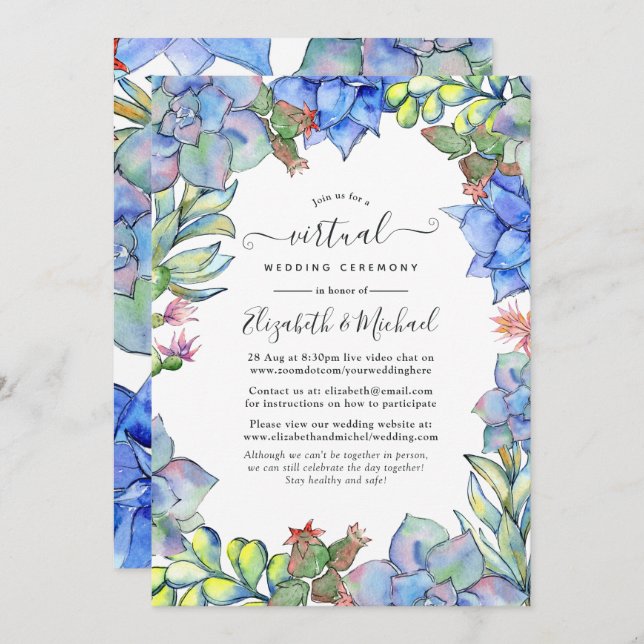 Blue Watercolor Succulents Online Virtual Wedding Invitation (Front/Back)