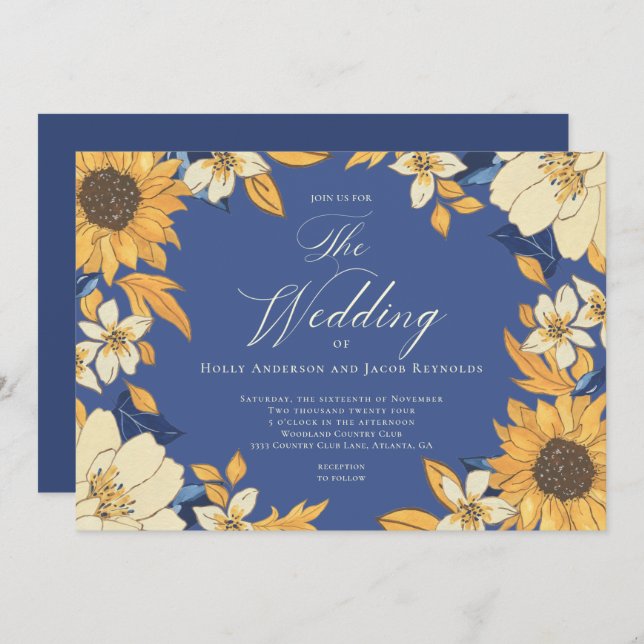 Blue Watercolor Sunflower Script Wedding Invitation (Front/Back)