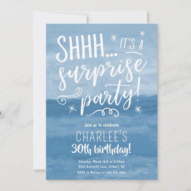 Blue Watercolor Surprise Birthday Party Invitation (Front)