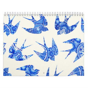 Blue Watercolor Swallow Bird Pattern Calendar