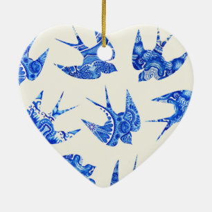 Blue Watercolor Swallow Bird Pattern Ceramic Tree Decoration