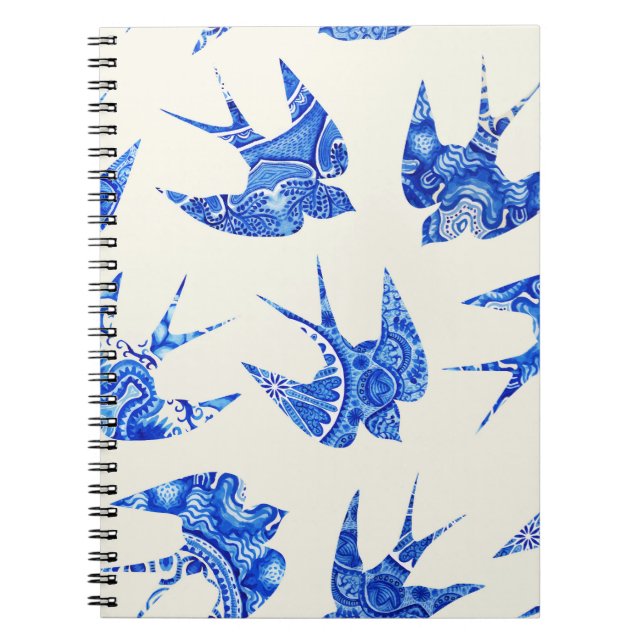 Blue Watercolor Swallow Bird Pattern Notebook (Front)