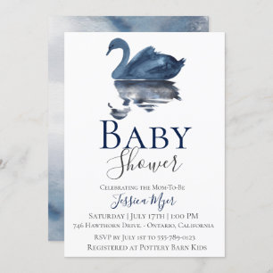 Blue Watercolor Swan Baby Shower Invitation