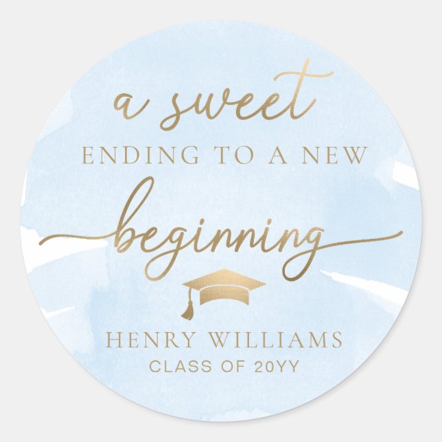 Blue Watercolor Sweet New Beginning Graduation Classic Round Sticker (Front)
