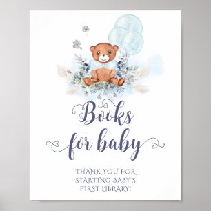 Blue Watercolor Teddy Bear Balloons Books for Baby Poster