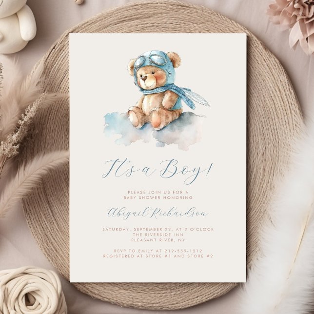 Blue Watercolor Teddy Bear Boy Baby Shower Invitation (Creator Uploaded)