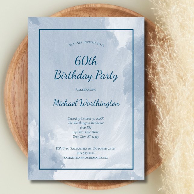 Blue Watercolor Texture Men's 50th 60th Birthday  Invitation (Blue Watercolor Texture Border 60th 70th 80th birthday party invitation for him Printed or Digital)