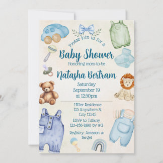 Blue Watercolor Toys & Clothes Baby Shower Invitation