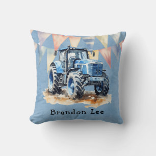 Blue Watercolor Tractor Boy Baby Shower Gift Cushion