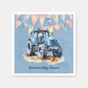 Blue Watercolor Tractor Boy Baby Shower Napkin