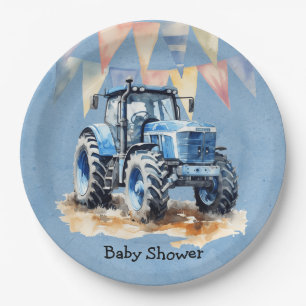 Blue Watercolor Tractor Boy Baby Shower Paper Plate