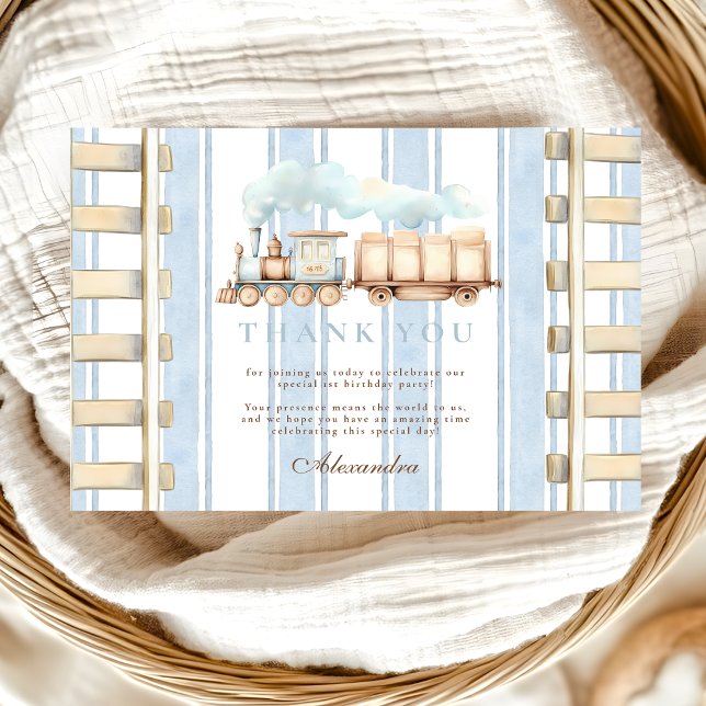Blue Watercolor Train 1st Birthday  Thank You Card (Creator Uploaded)