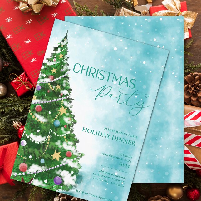 Blue Watercolor Tree Christmas Party Invitation (Blue Watercolor Tree Christmas Party Invitation)