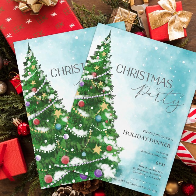 Blue Watercolor Tree Christmas Party Invitation (Blue Watercolor Tree Christmas Party Invitation)