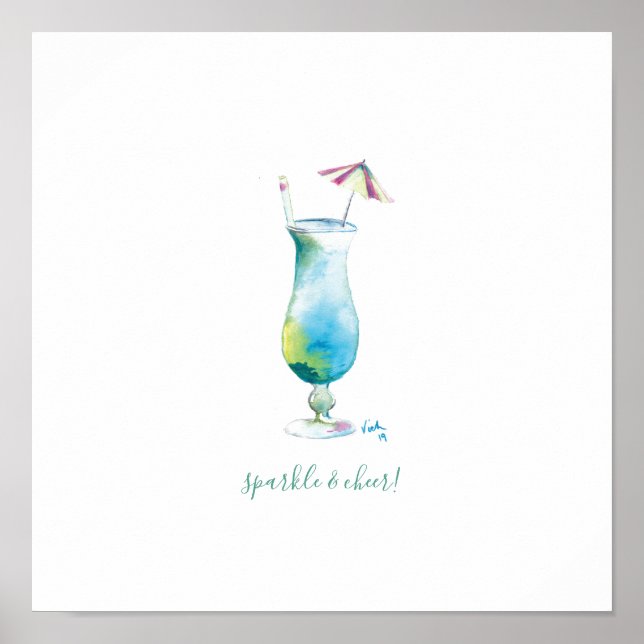 Blue Watercolor Tropical Bar Art Poster (Front)