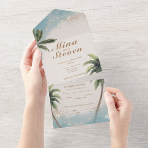Blue watercolor tropical beach gold wedding all in one invitation
