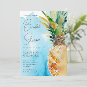 Blue Watercolor Tropical Pineapple Bridal Shower Invitation