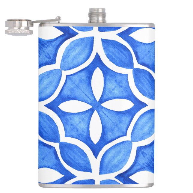 Blue Watercolor Tuscan Italian Tile  Hip Flask (Opened)