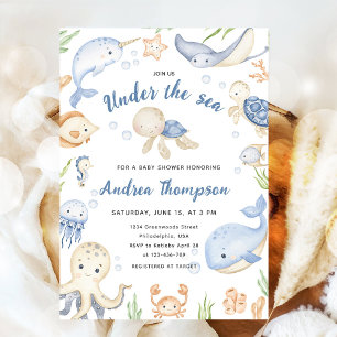 Blue Watercolor Under The Sea Baby Shower Invitation