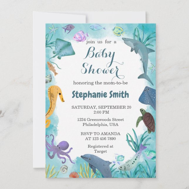 Blue Watercolor Under the Sea Baby Shower  Invitation (Front)