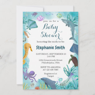 Blue Watercolor Under the Sea Baby Shower  Invitation