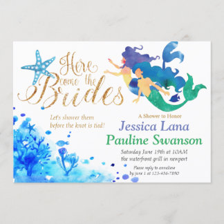Blue watercolor undersea mermaids golden text invitation