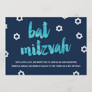 Blue Watercolor   Unique Bat Mitzvah Invitation