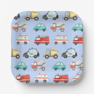 Blue Watercolor Vehicles / Cars Paper Plate
