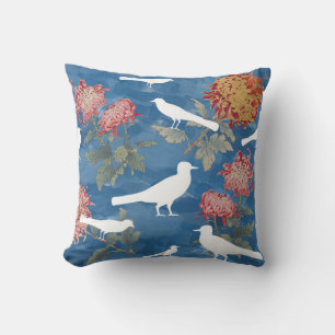 Blue Watercolor Vintage Flowers & Birds  Cushion
