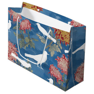 Blue Watercolor Vintage Flowers & Birds Large Gift Bag