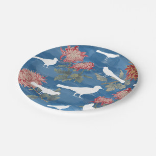 Blue Watercolor Vintage Flowers & Birds Paper Plate