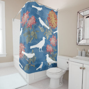 Blue Watercolor Vintage Flowers & Birds Shower Curtain