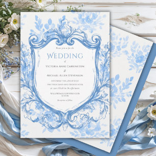 Blue Watercolor Vintage Wedding Invitation