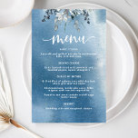 Blue Watercolor Wash and Foliage Elegant Menu<br><div class="desc">Elegant menu card with decorative blue , sage and grey foliage on the top. Dusty Blue watercolor wash as background. Menu in hand written Script typography. Back in blue watercolor wash and exquisite bouquet in the centre for your name(s) and event or date. part of our "Blue Rustic Mountains" wedding...</div>
