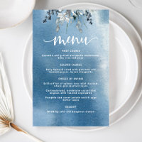 Blue Watercolor Wash and Foliage Elegant Menu