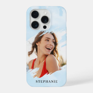 Blue Watercolor Wash Personalized Photo with Name iPhone 15 Pro Case