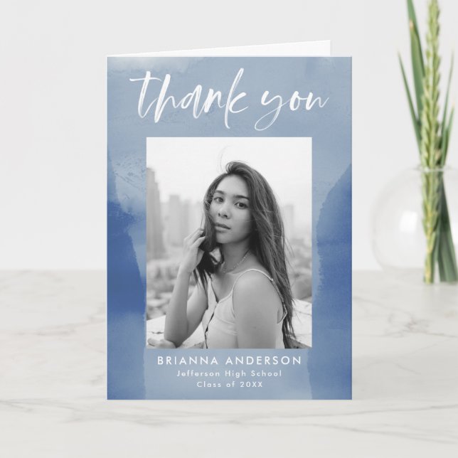 Blue Watercolor Wash Photo Graduation Thank You Card (Front)