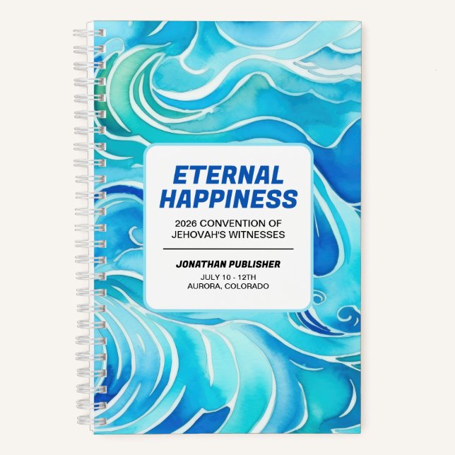Blue Watercolor Waves Eternal Happiness Convention Notebook (Front)